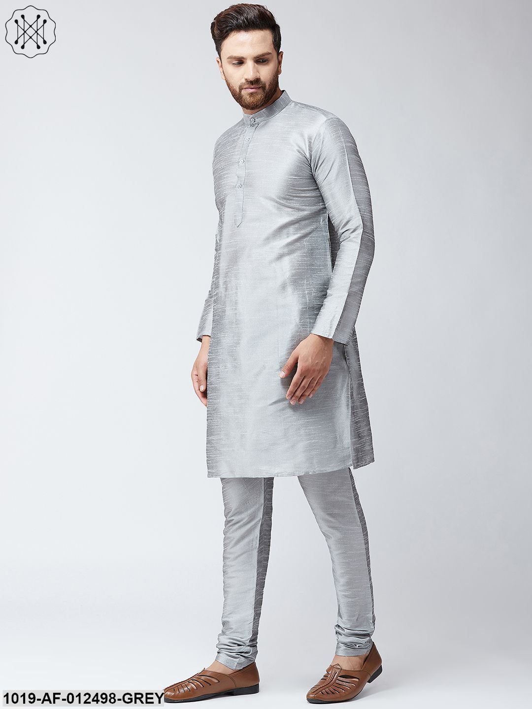 Men's Silk Grey Kurta With Churidar Pyjama Set