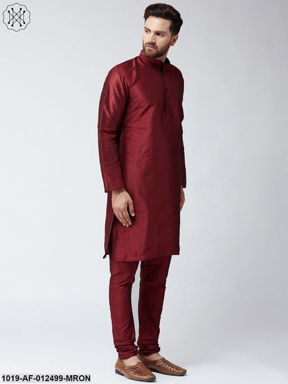 Men's Silk Maroon Kurta With Churidar Pyjama Set