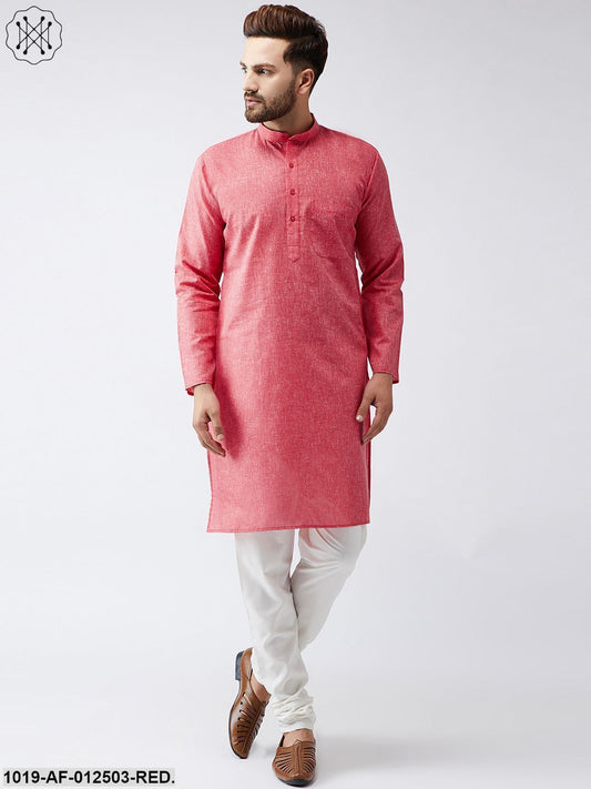 Men's Cotton Linen Red Kurta And Off White Churidar Pyjama Set