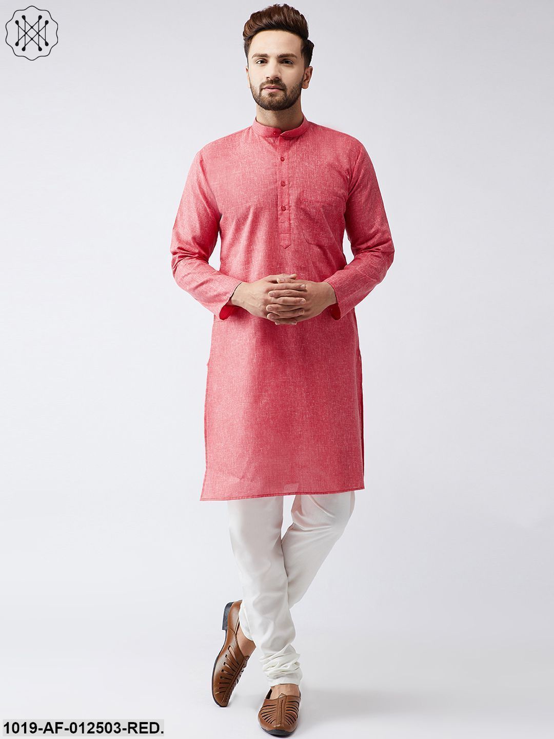 Men's Cotton Linen Red Kurta And Off White Churidar Pyjama Set