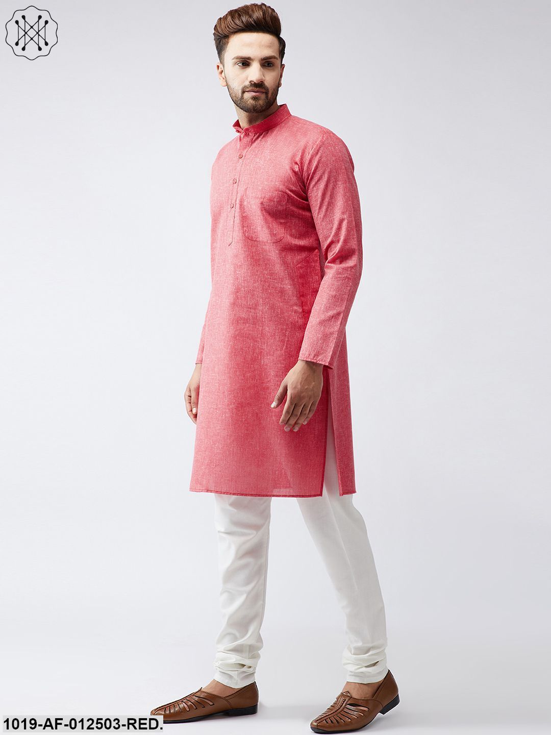 Men's Cotton Linen Red Kurta And Off White Churidar Pyjama Set