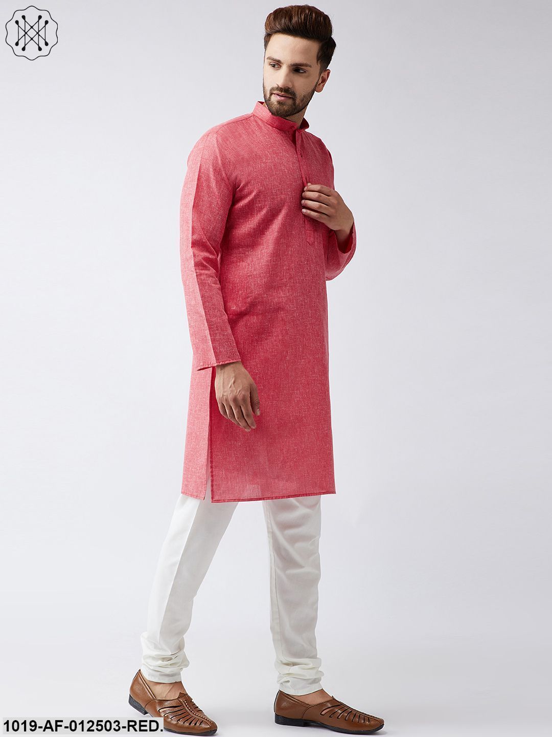 Men's Cotton Linen Red Kurta And Off White Churidar Pyjama Set