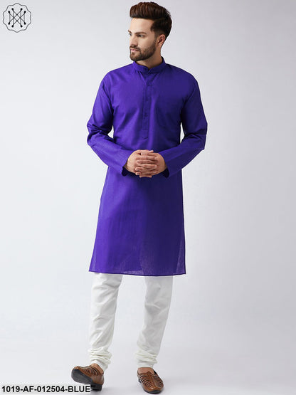 Men's Cotton Linen Royal Blue Kurta And Off White Churidar Pyjama Set