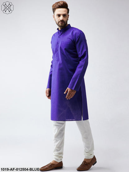 Men's Cotton Linen Royal Blue Kurta And Off White Churidar Pyjama Set