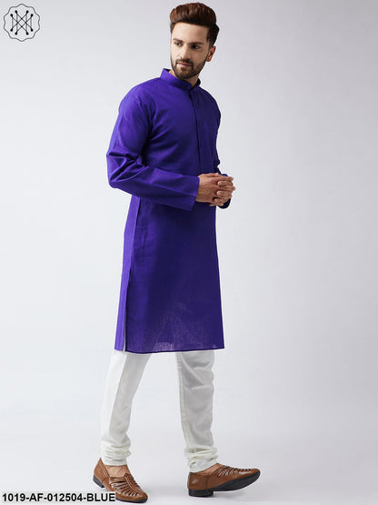 Men's Cotton Linen Royal Blue Kurta And Off White Churidar Pyjama Set