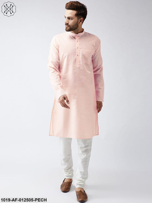 Men's Cotton Linen Peach Kurta And Off White Churidar Pyjama Set