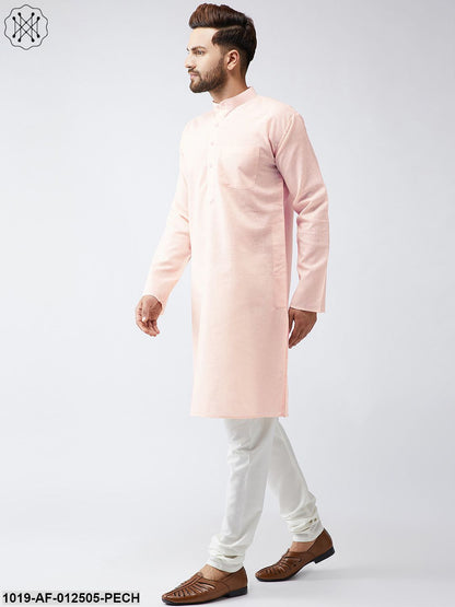 Men's Cotton Linen Peach Kurta And Off White Churidar Pyjama Set