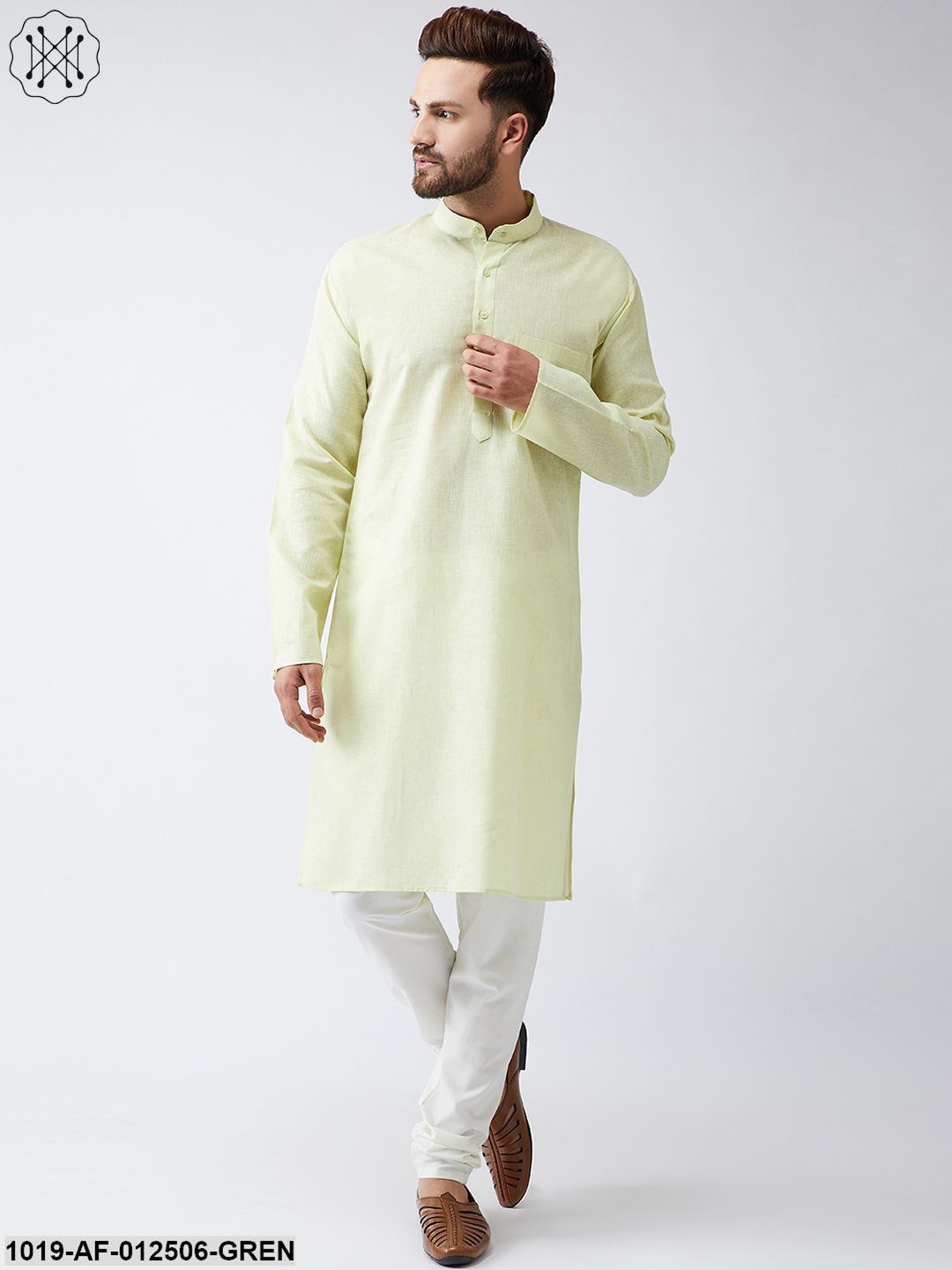 Men's Cotton Linen Lime Green Kurta And Off White Churidar Pyjama Set