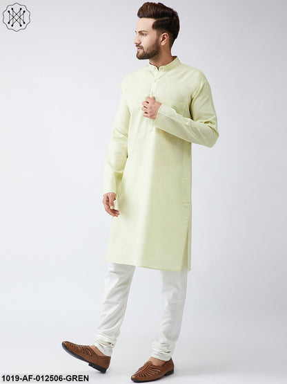 Men's Cotton Linen Lime Green Kurta And Off White Churidar Pyjama Set