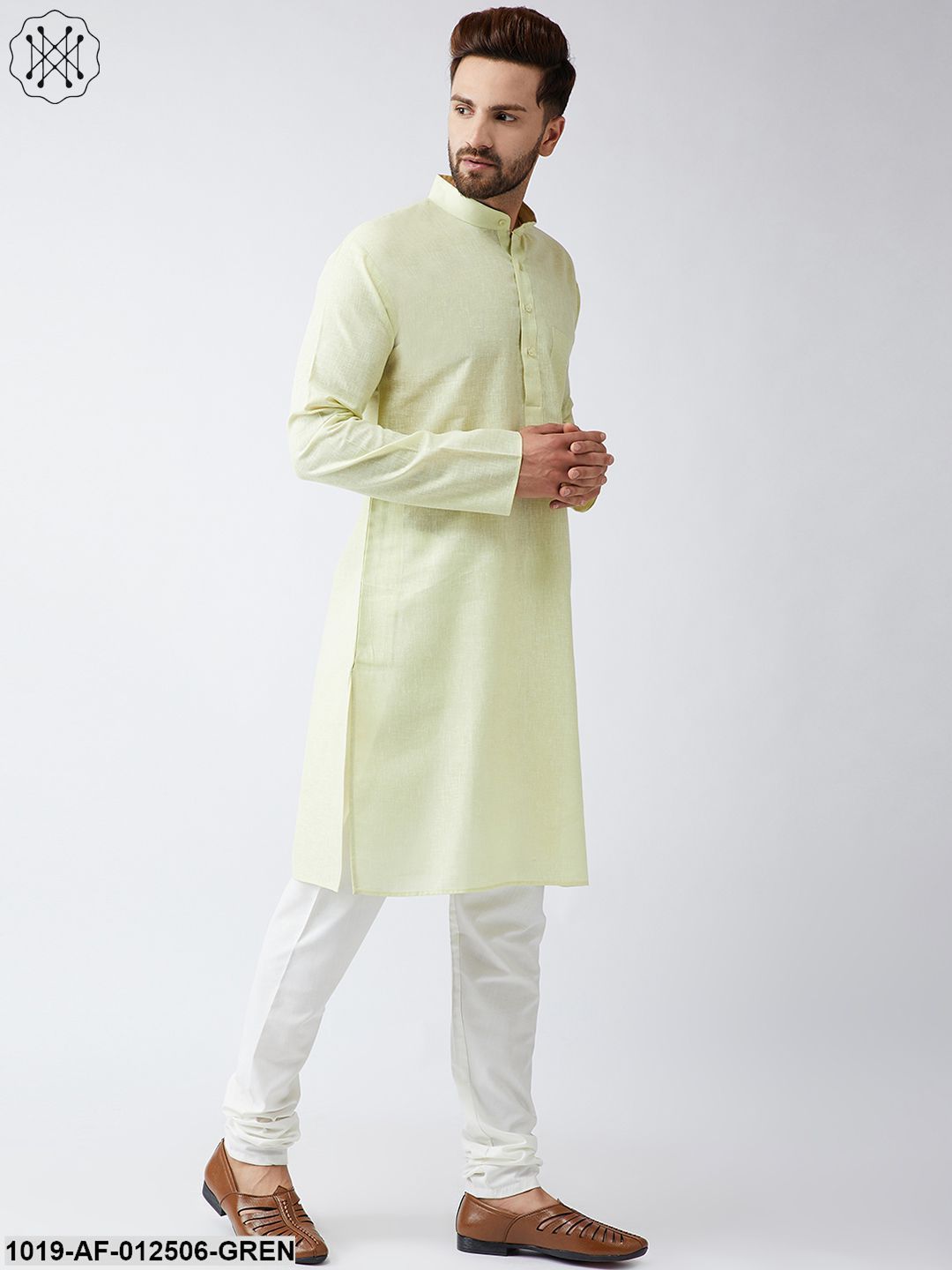 Men's Cotton Linen Lime Green Kurta And Off White Churidar Pyjama Set