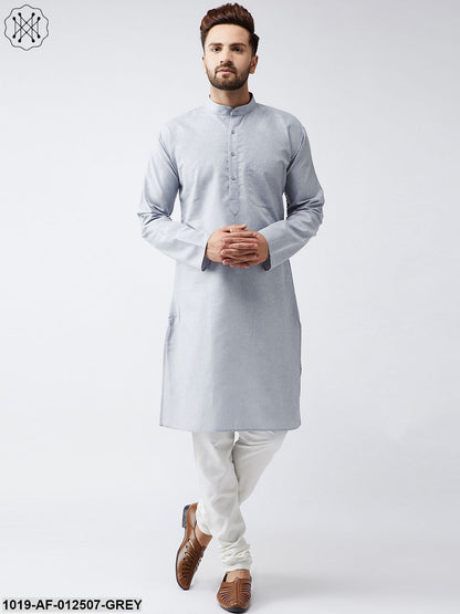 Men's Cotton Linen Grey Kurta And Off White Churidar Pyjama Set