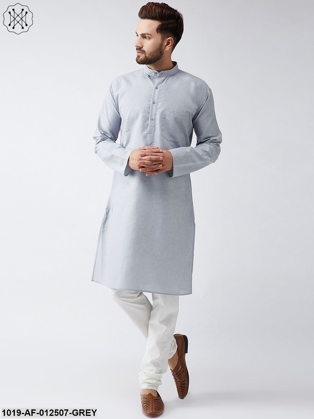 Men's Cotton Linen Grey Kurta And Off White Churidar Pyjama Set