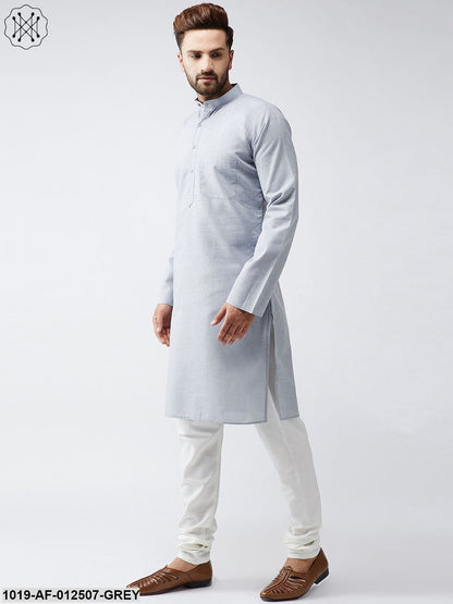 Men's Cotton Linen Grey Kurta And Off White Churidar Pyjama Set