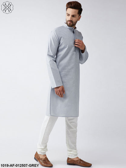 Men's Cotton Linen Grey Kurta And Off White Churidar Pyjama Set