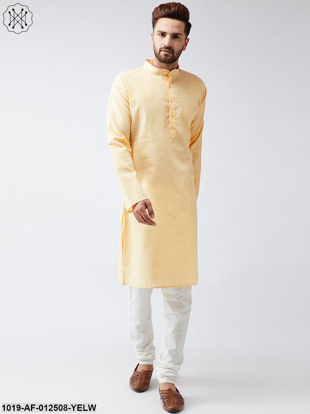 Men's Cotton Linen Yellow Kurta And Off White Churidar Pyjama Set