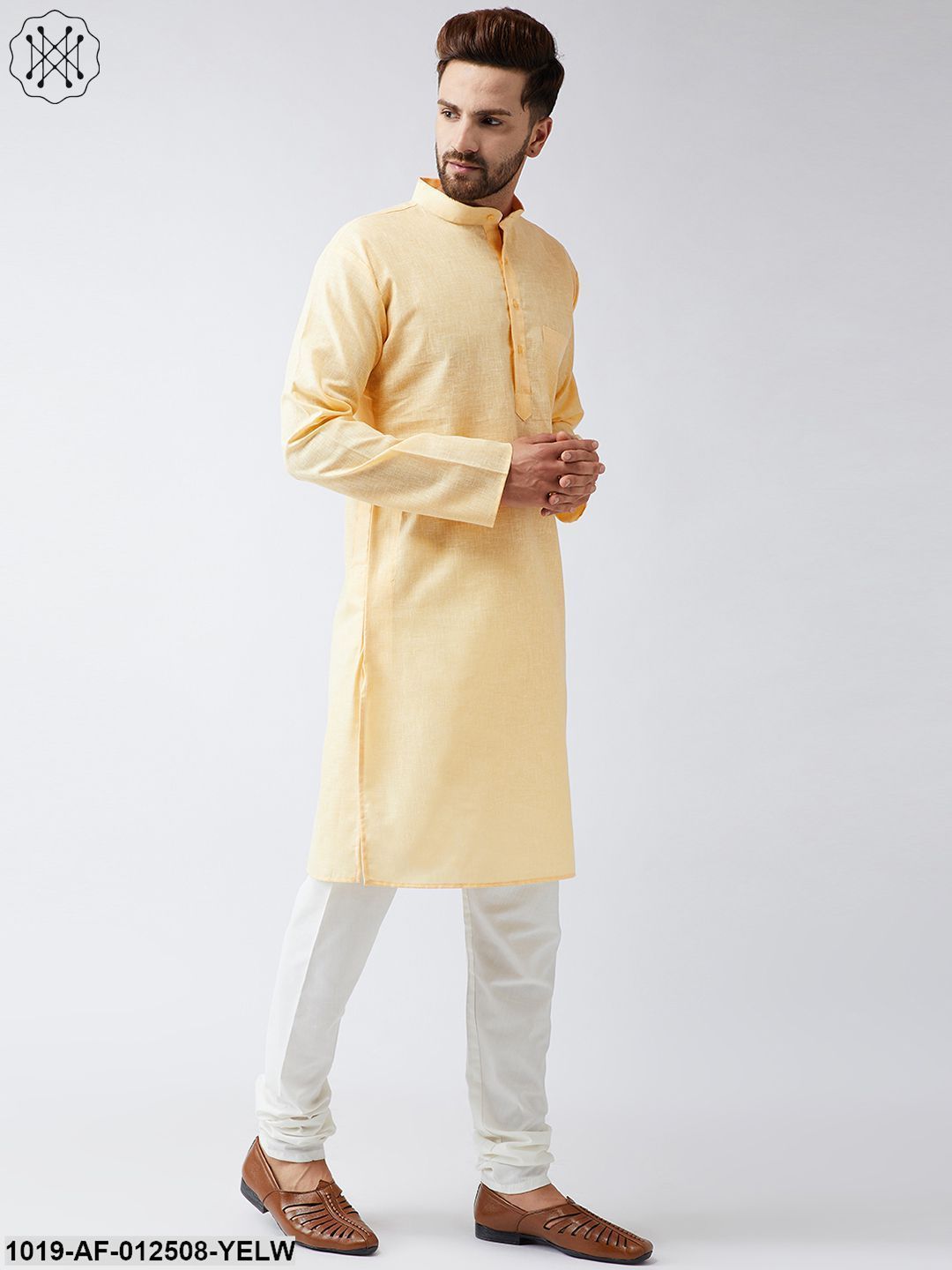 Men's Cotton Linen Yellow Kurta And Off White Churidar Pyjama Set