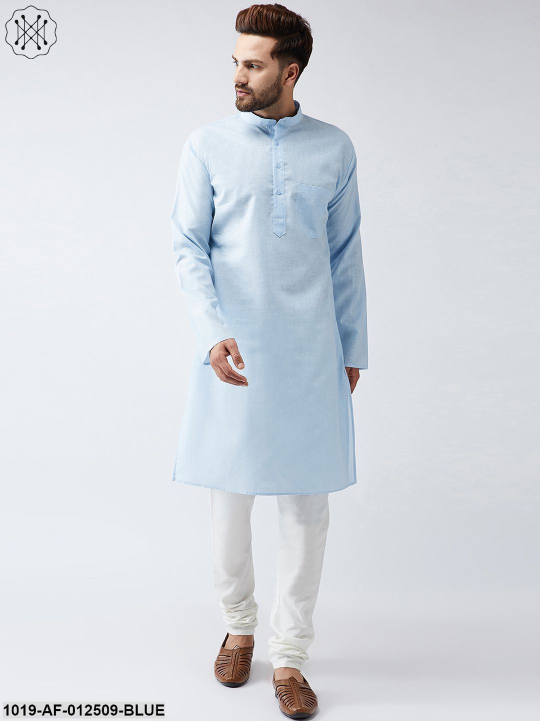 Men's Cotton Linen Sky Blue Kurta And Off White Churidar Pyjama Set