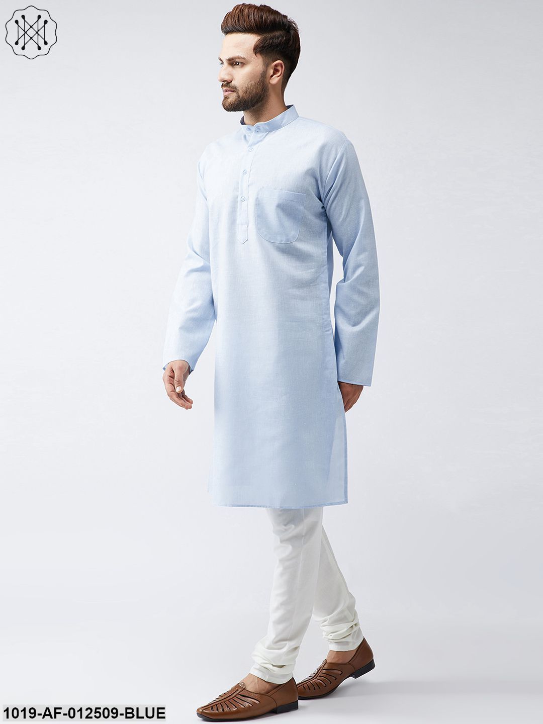 Men's Cotton Linen Sky Blue Kurta And Off White Churidar Pyjama Set