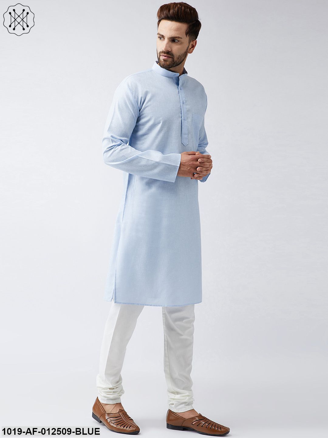 Men's Cotton Linen Sky Blue Kurta And Off White Churidar Pyjama Set