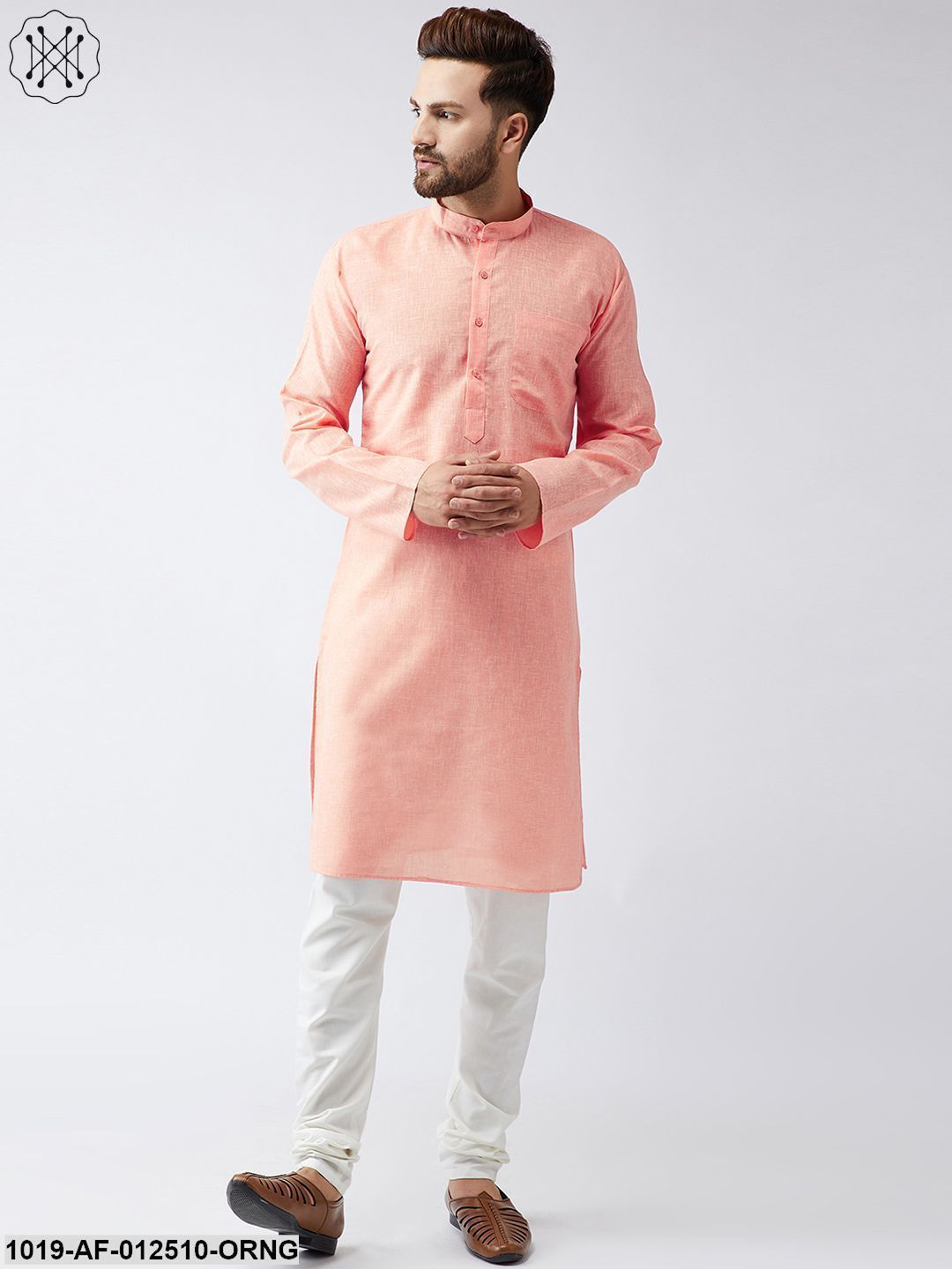 Men's Cotton Linen Orange Kurta And Off White Churidar Pyjama Set