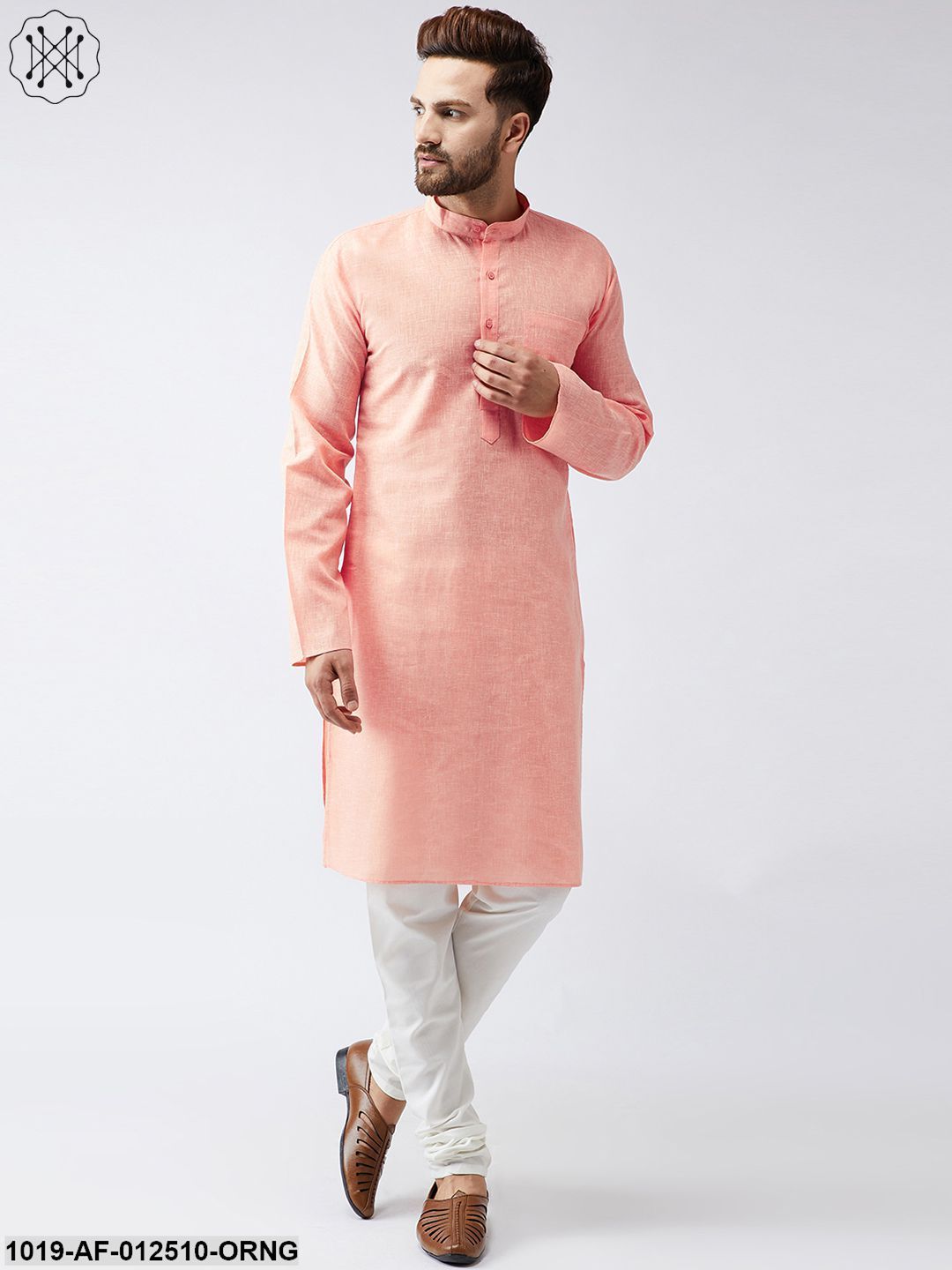 Men's Cotton Linen Orange Kurta And Off White Churidar Pyjama Set