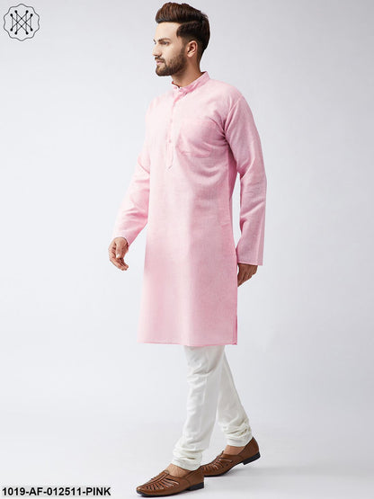 Men's Cotton Linen Pink Kurta And Off White Churidar Pyjama Set