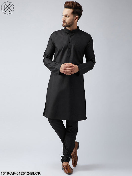 Men's Cotton Linen Black Kurta And Off White Churidar Pyjama Set