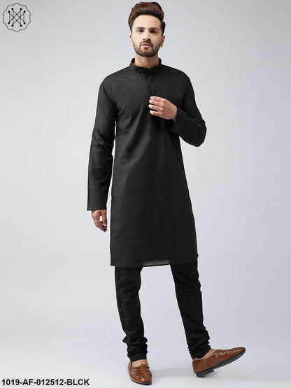 Men's Cotton Linen Black Kurta And Off White Churidar Pyjama Set