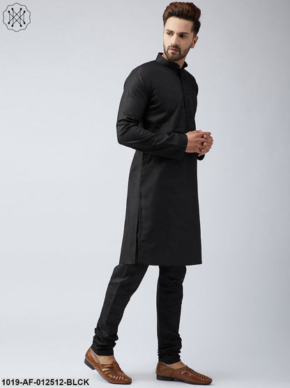 Men's Cotton Linen Black Kurta And Off White Churidar Pyjama Set