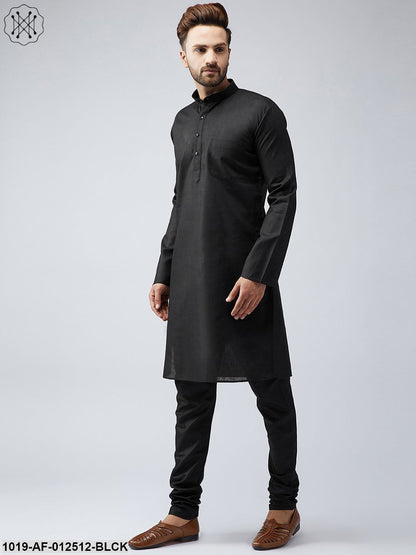 Men's Cotton Linen Black Kurta And Off White Churidar Pyjama Set