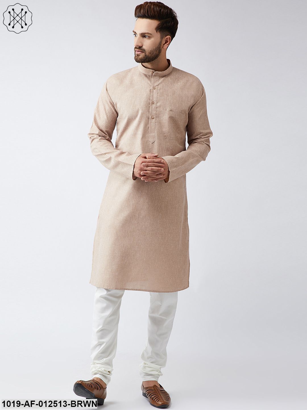 Men's Cotton Linen Light Brown Kurta And Off White Churidar Pyjama Set