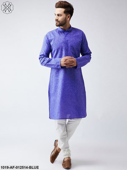 Men's Cotton Linen Indigo Blue Kurta And Off White Churidar Pyjama Set