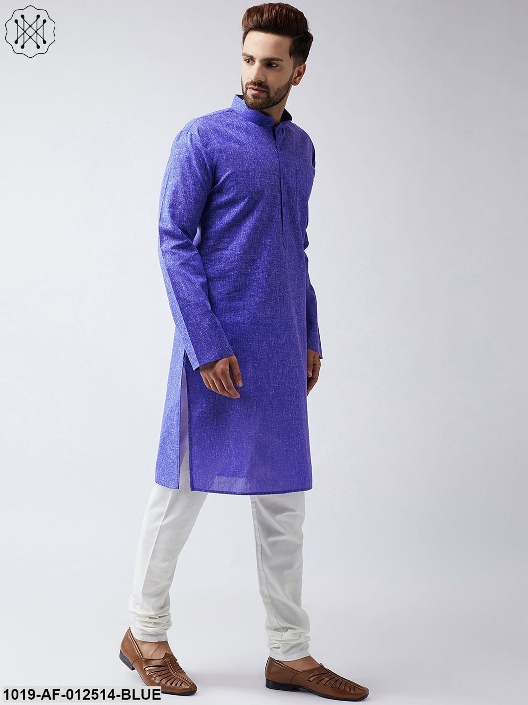 Men's Cotton Linen Indigo Blue Kurta And Off White Churidar Pyjama Set