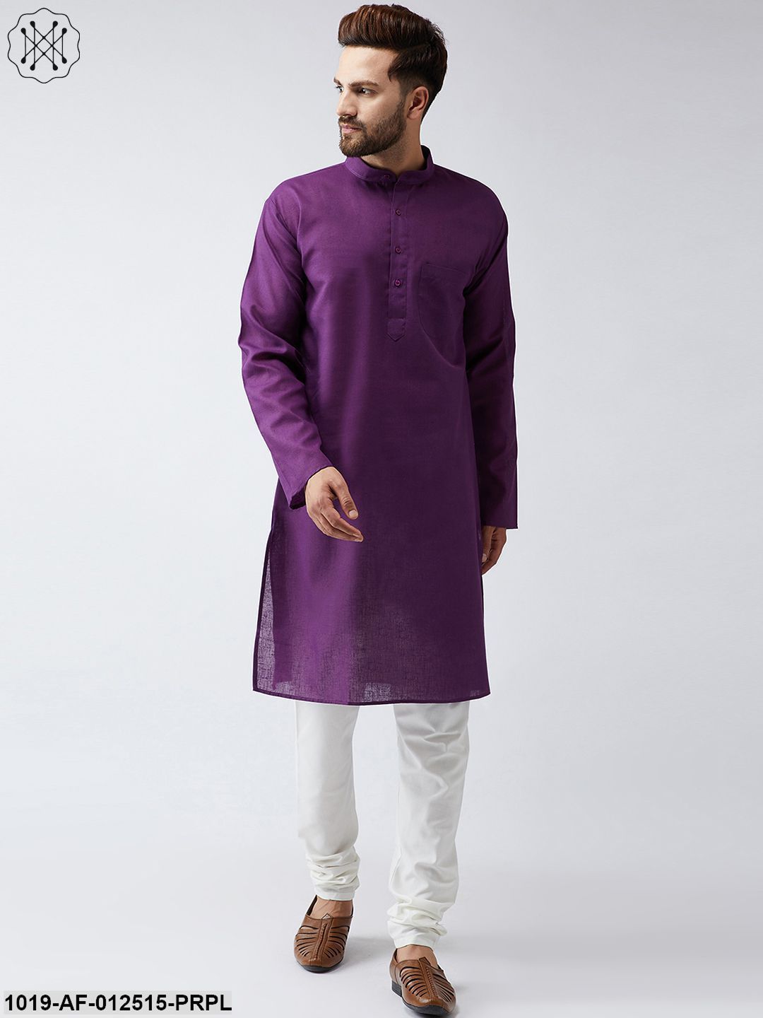 Men's Cotton Linen Purple Kurta And Off White Churidar Pyjama Set