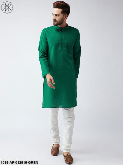 Men's Cotton Linen Dark Green Kurta And Off White Churidar Pyjama Set