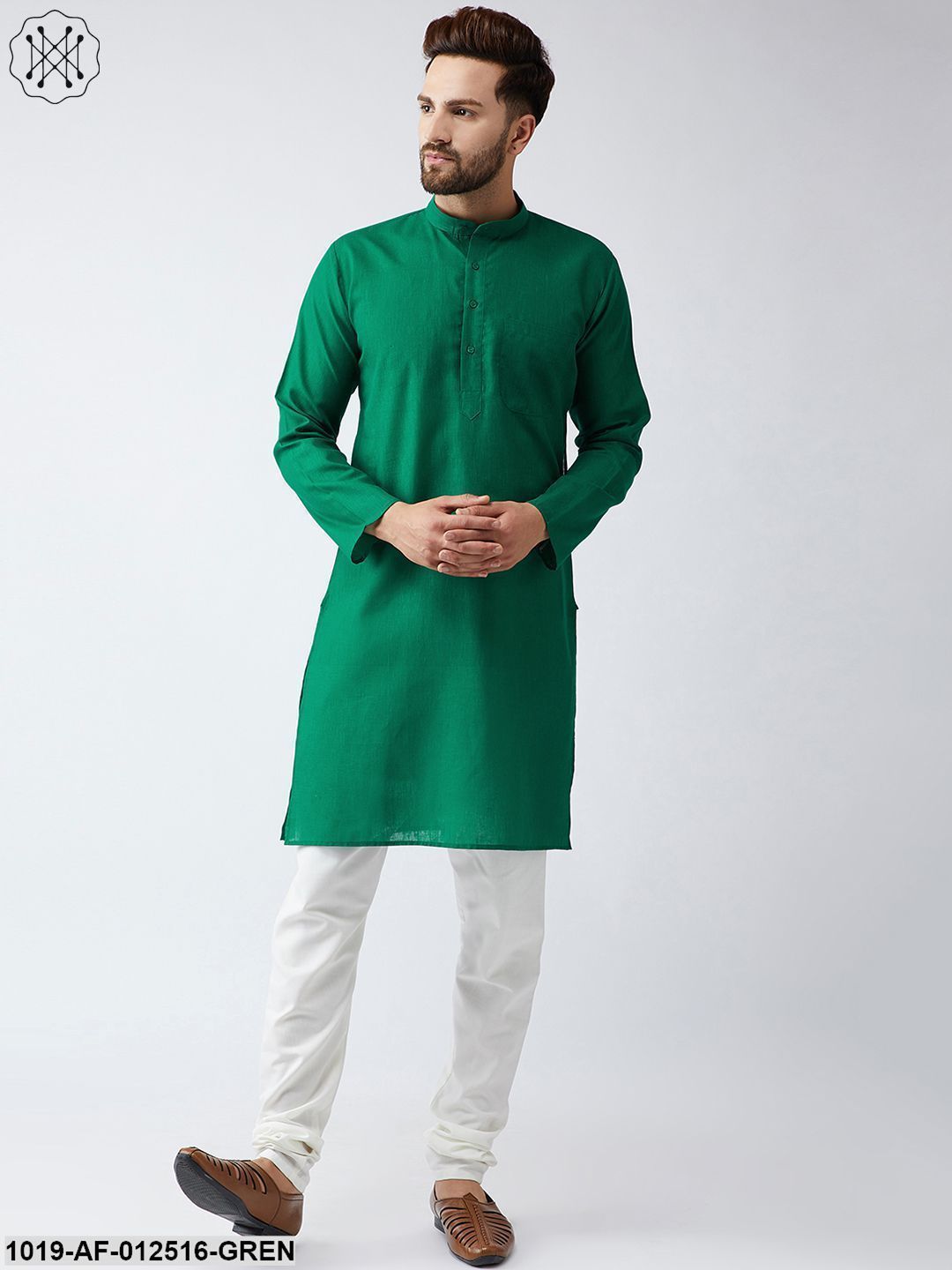 Men's Cotton Linen Dark Green Kurta And Off White Churidar Pyjama Set