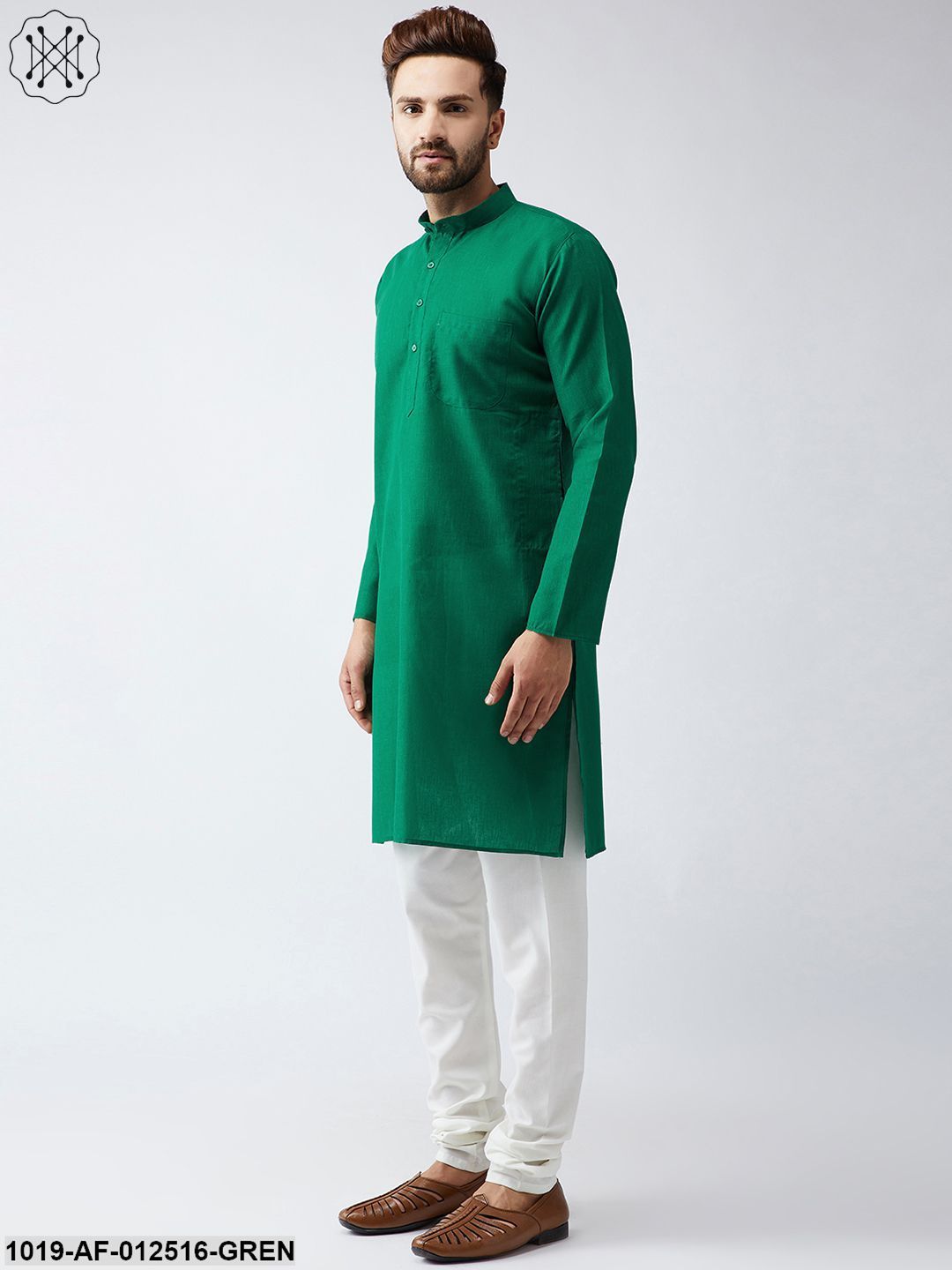 Men's Cotton Linen Dark Green Kurta And Off White Churidar Pyjama Set