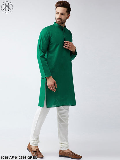 Men's Cotton Linen Dark Green Kurta And Off White Churidar Pyjama Set