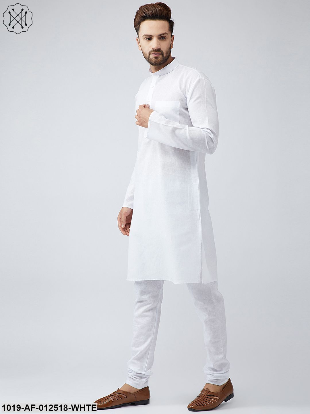 Men's Cotton Linen White Kurta Churidar Pyjama Set