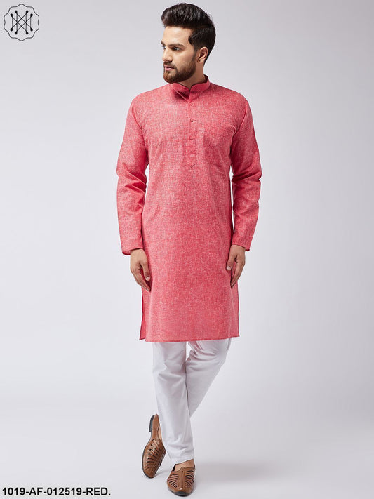 Men's Cotton Linen Red Kurta & White Pyjama Set