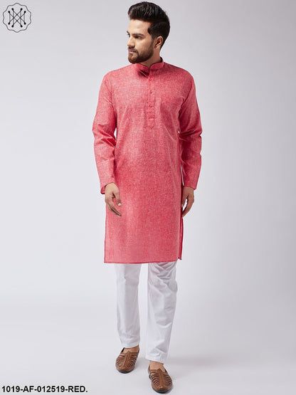 Men's Cotton Linen Red Kurta & White Pyjama Set