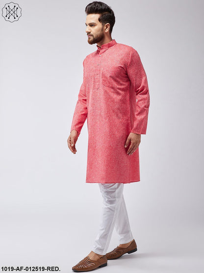 Men's Cotton Linen Red Kurta & White Pyjama Set