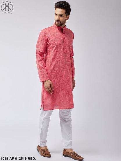 Men's Cotton Linen Red Kurta & White Pyjama Set