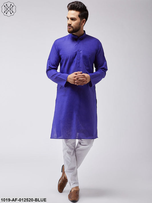 Men's Cotton Linen Royal Blue Kurta & White Pyjama Set