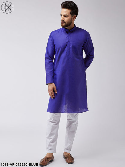 Men's Cotton Linen Royal Blue Kurta & White Pyjama Set