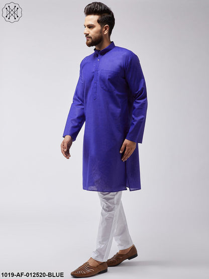 Men's Cotton Linen Royal Blue Kurta & White Pyjama Set