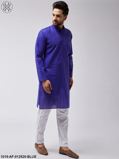 Men's Cotton Linen Royal Blue Kurta & White Pyjama Set