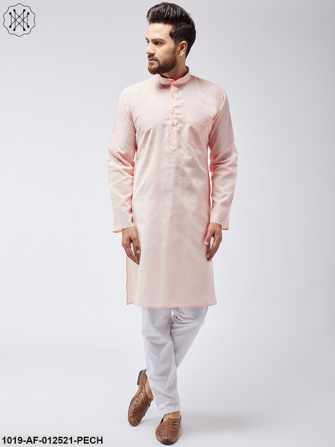 Men's Cotton Linen Peach Kurta & White Pyjama Set