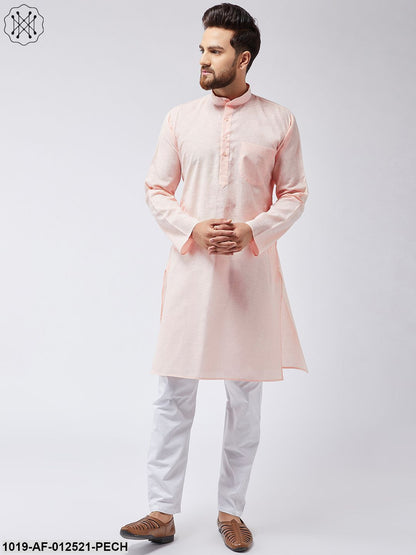 Men's Cotton Linen Peach Kurta & White Pyjama Set