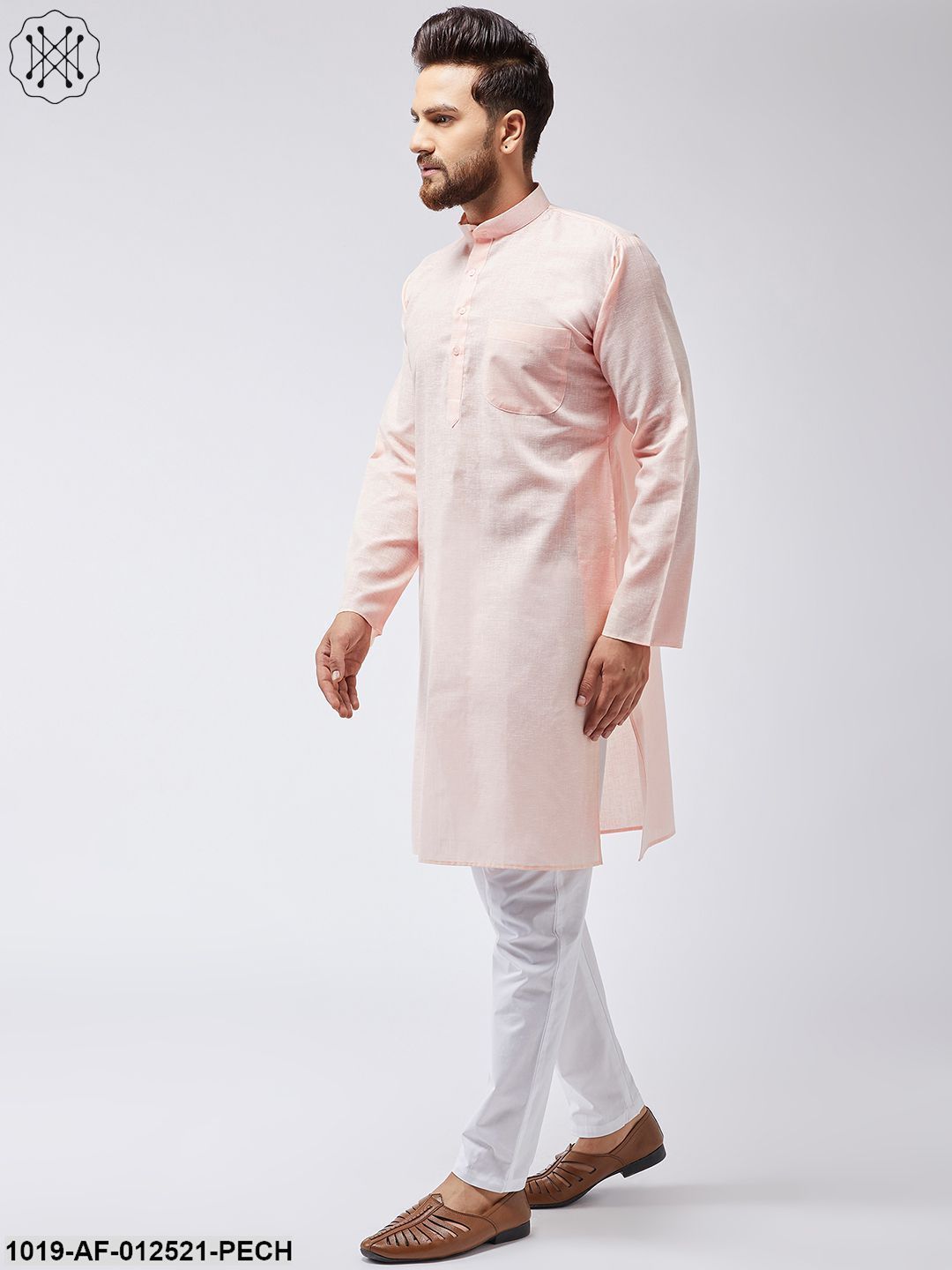 Men's Cotton Linen Peach Kurta & White Pyjama Set